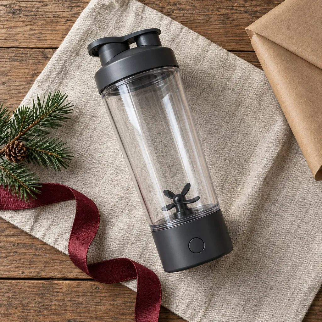 Representative photo-style image of automatic self-mixing shaker bottle — generated, not a specific product