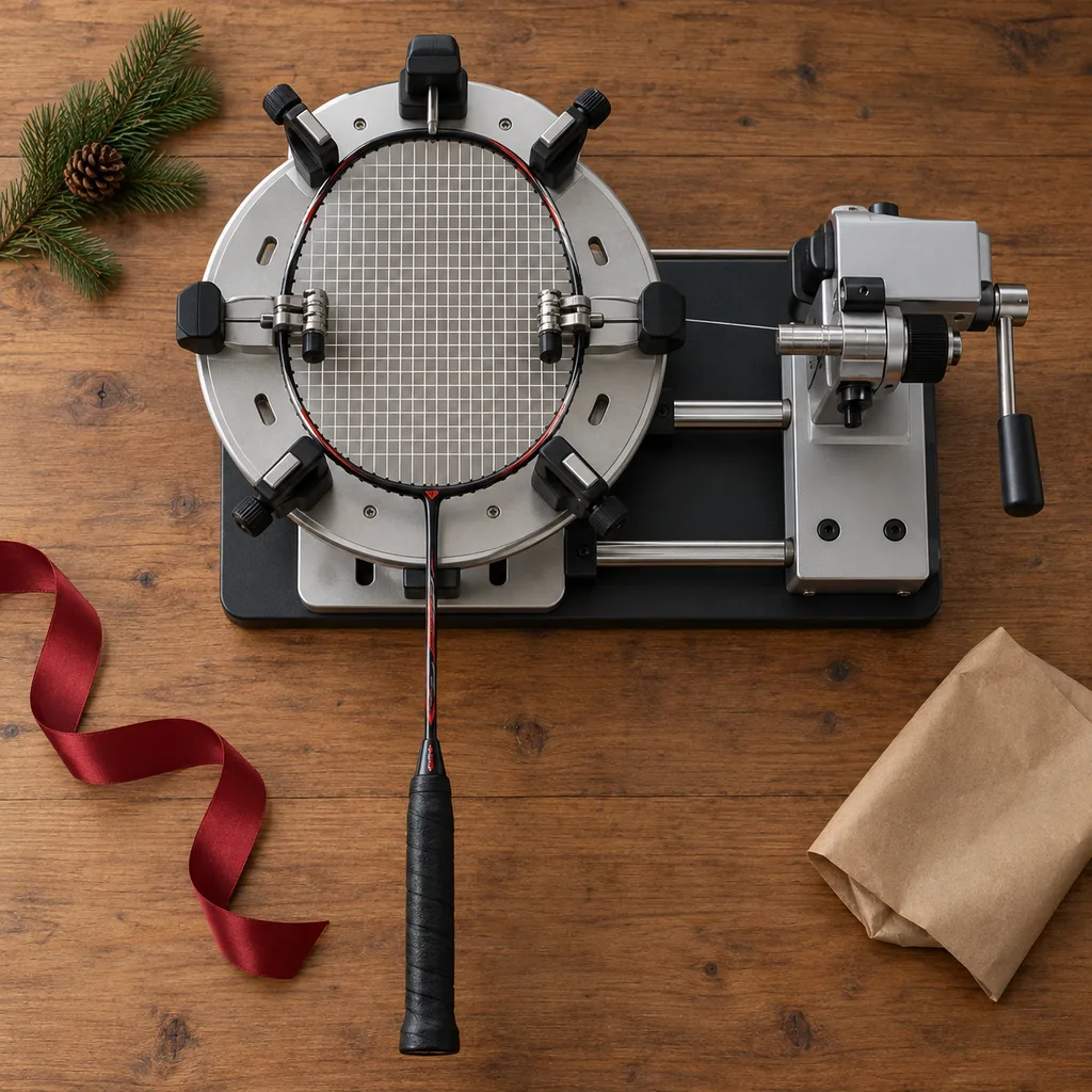 Representative photo-style image of badminton stringing machine — generated, not a specific product