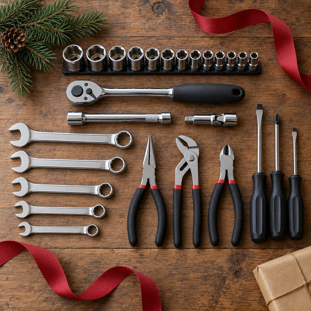 Representative photo-style image of basic car maintenance tool kit — generated, not a specific product