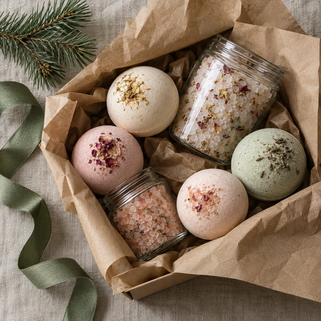 Representative photo-style image of bath bomb and soak collection — generated, not a specific product