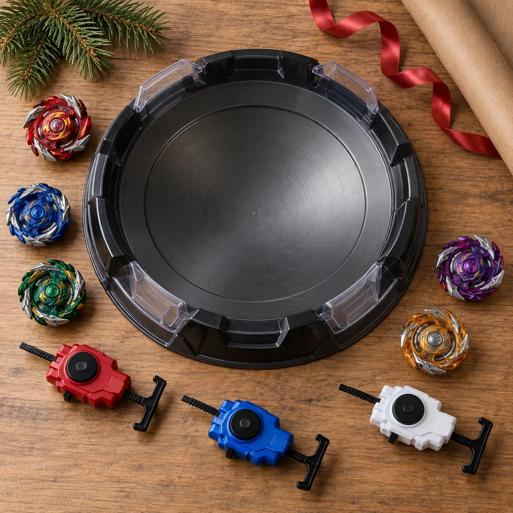 Representative photo-style image of battle spinning top arena kit — generated, not a specific product