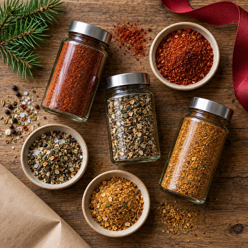 Representative photo-style image of bbq rubs and seasonings set — generated, not a specific product