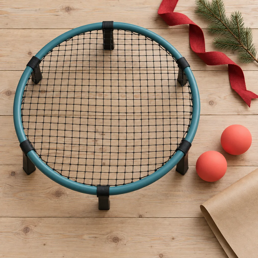 Representative photo-style image of beach-ready roundnet equipment — generated, not a specific product