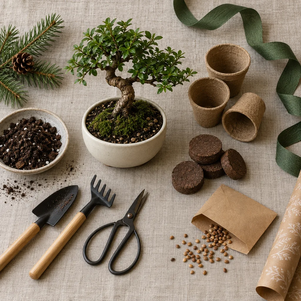 Representative photo-style image of bonsai tree growing kit — generated, not a specific product