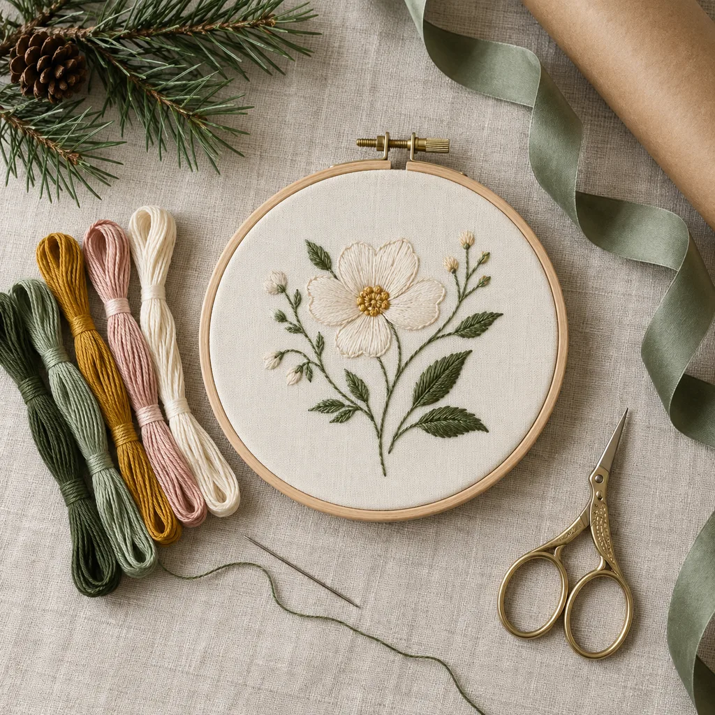 Representative photo-style image of beginner embroidery project kit — generated, not a specific product