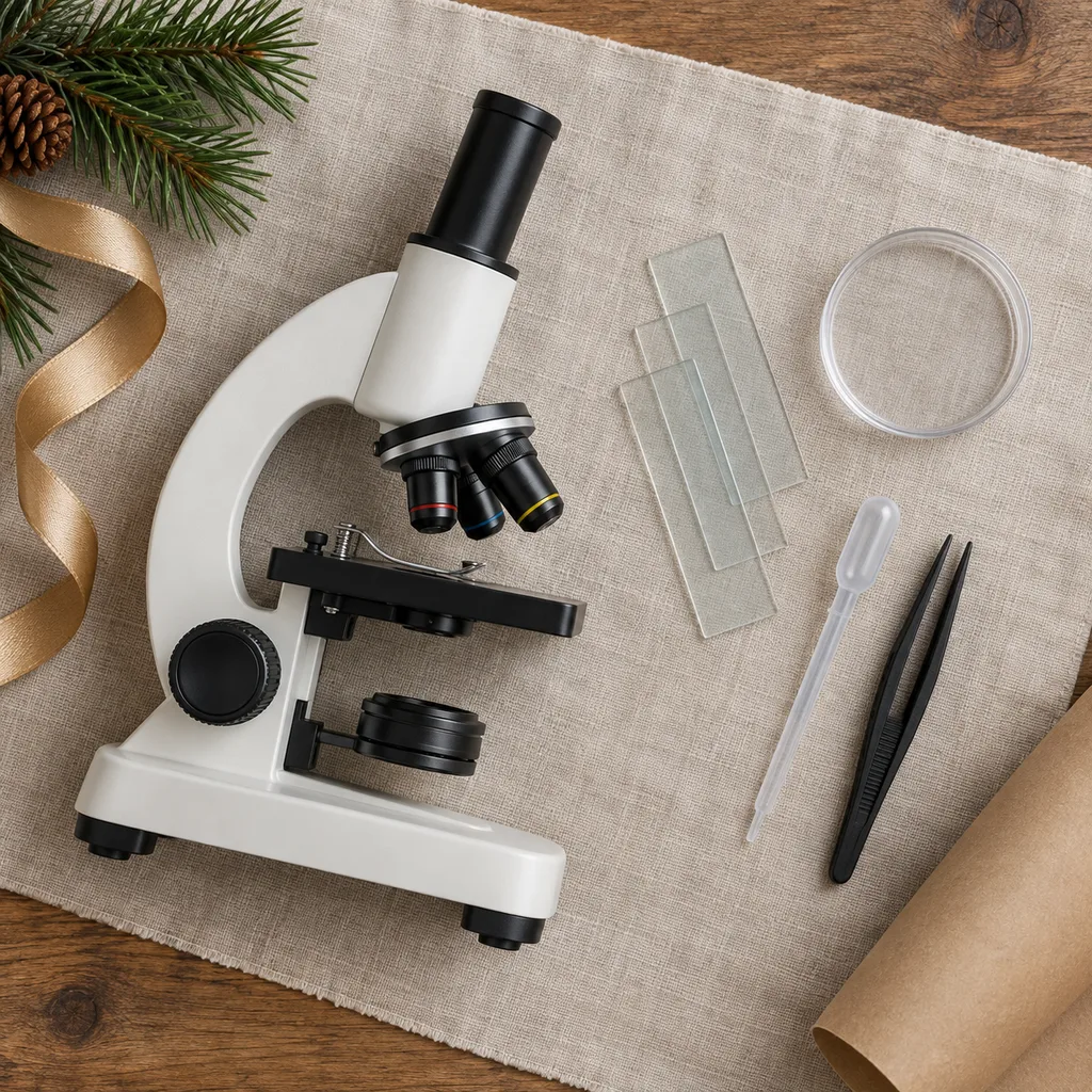 Representative photo-style image of beginner microscope exploration set — generated, not a specific product