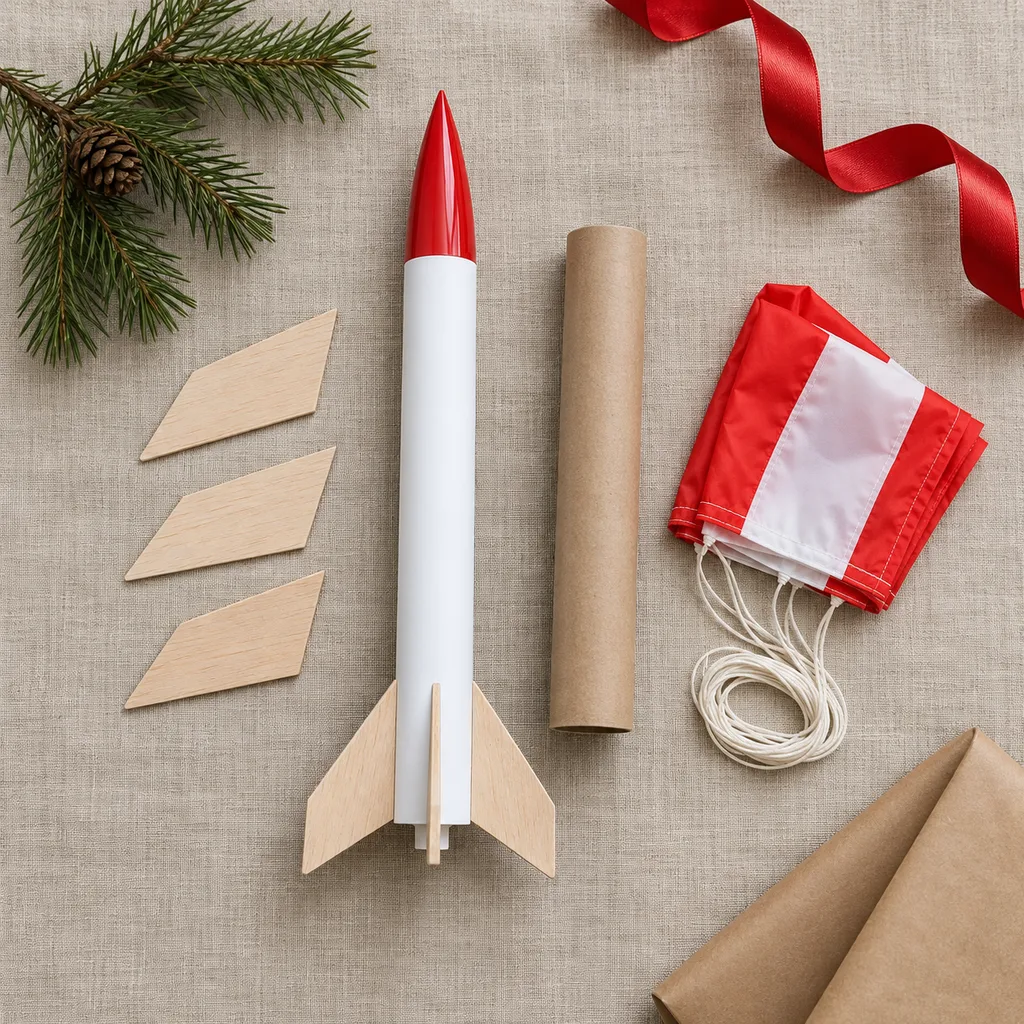 Representative photo-style image of beginner model rocket kit — generated, not a specific product