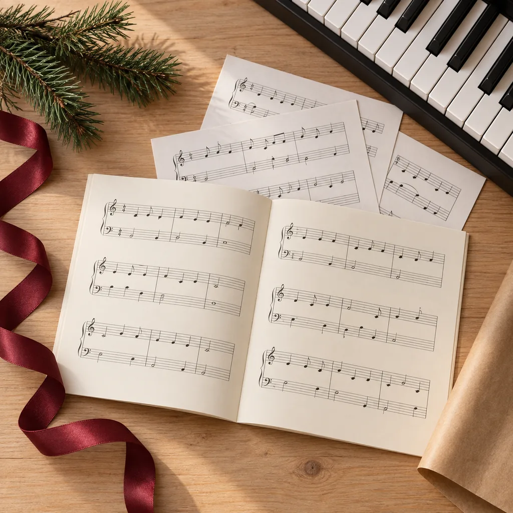 Representative photo-style image of beginner piano sheet music collection — generated, not a specific product