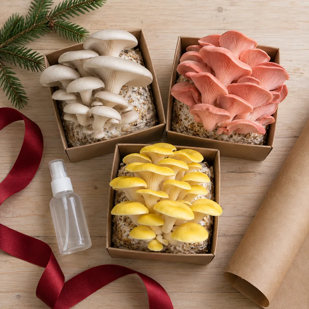 Representative photo-style image of beginner's assorted mushroom growing kit — generated, not a specific product