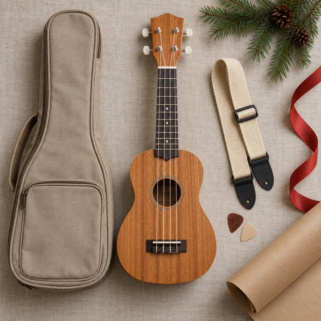 Representative photo-style image of beginner ukulele instrument kit — generated, not a specific product