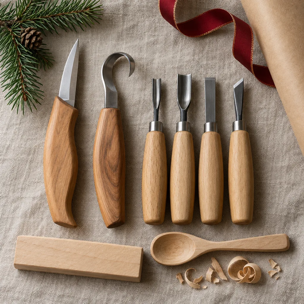 Representative photo-style image of beginner wood carving hand tool kit — generated, not a specific product