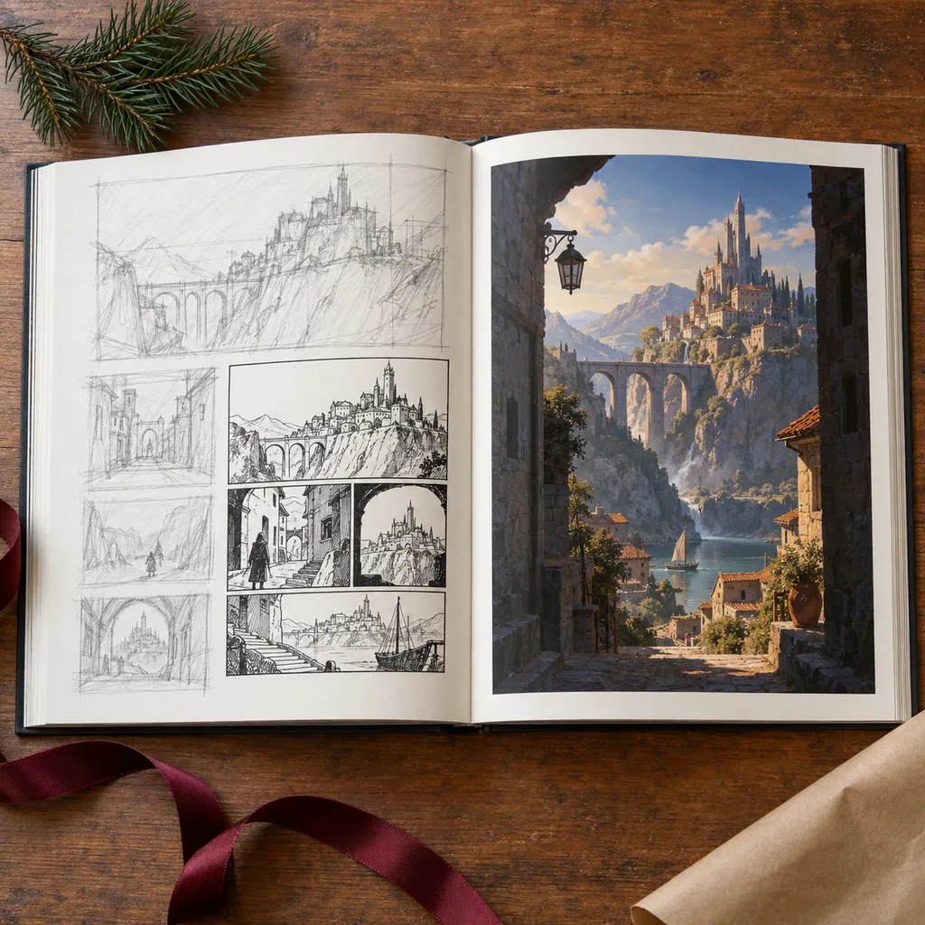 Representative photo-style image of behind-the-scenes comic art book — generated, not a specific product