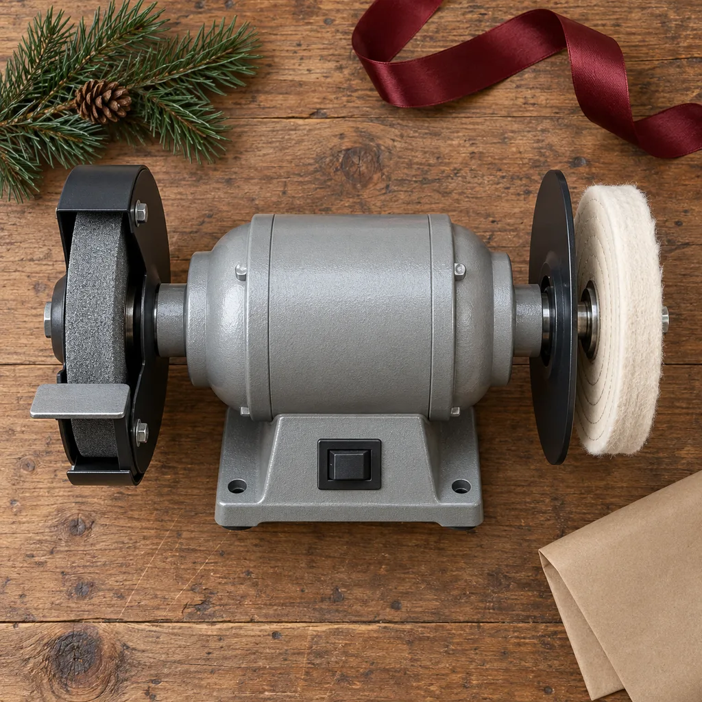 Representative photo-style image of benchtop grinder and polisher — generated, not a specific product