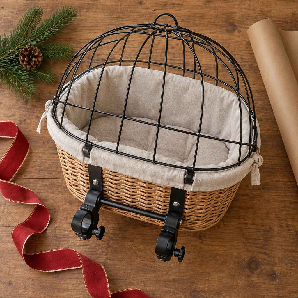 Representative photo-style image of bicycle mounted pet basket — generated, not a specific product