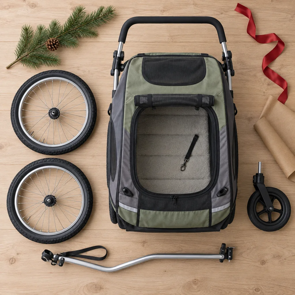 Representative photo-style image of bike trailer and pet stroller — generated, not a specific product
