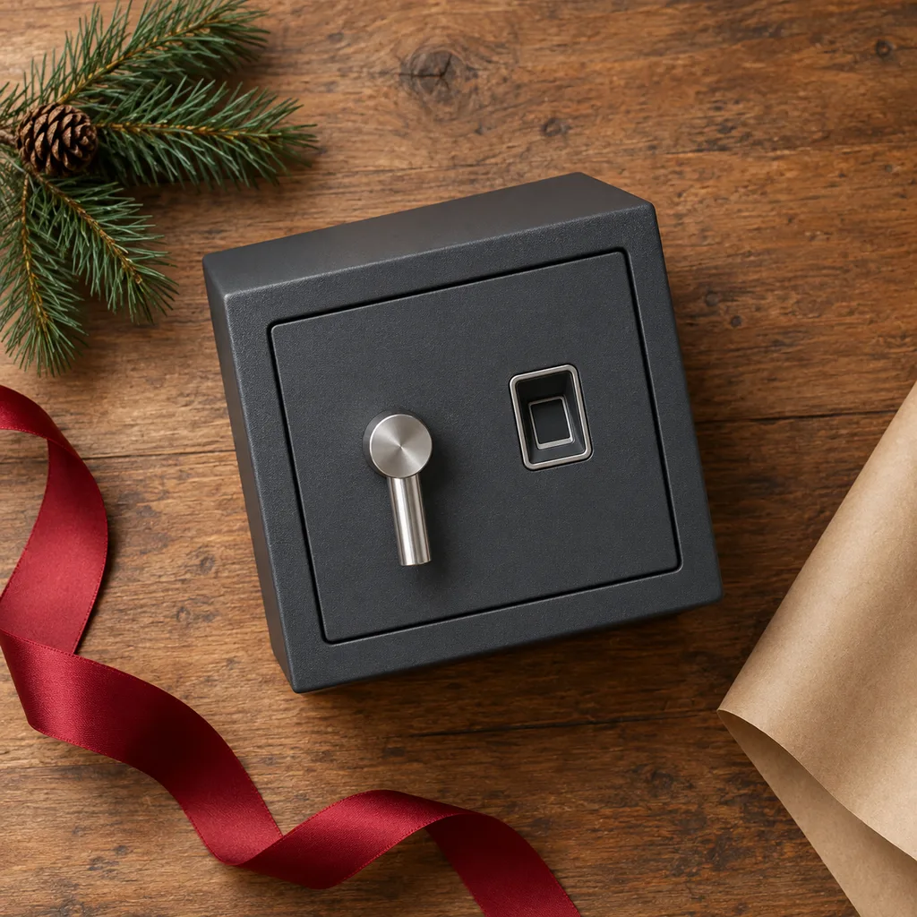 Representative photo-style image of biometric fingerprint access safe — generated, not a specific product