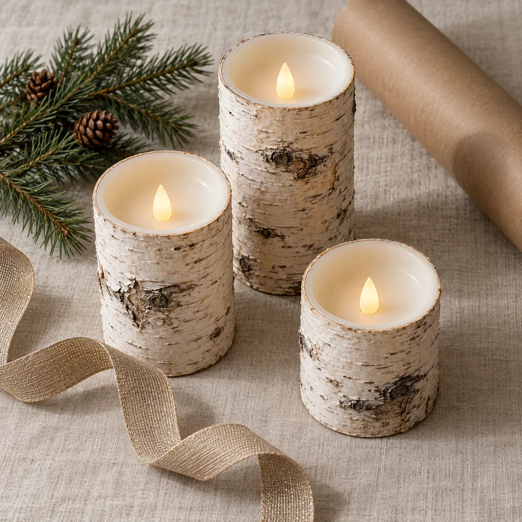 Representative photo-style image of birch bark flameless candles — generated, not a specific product