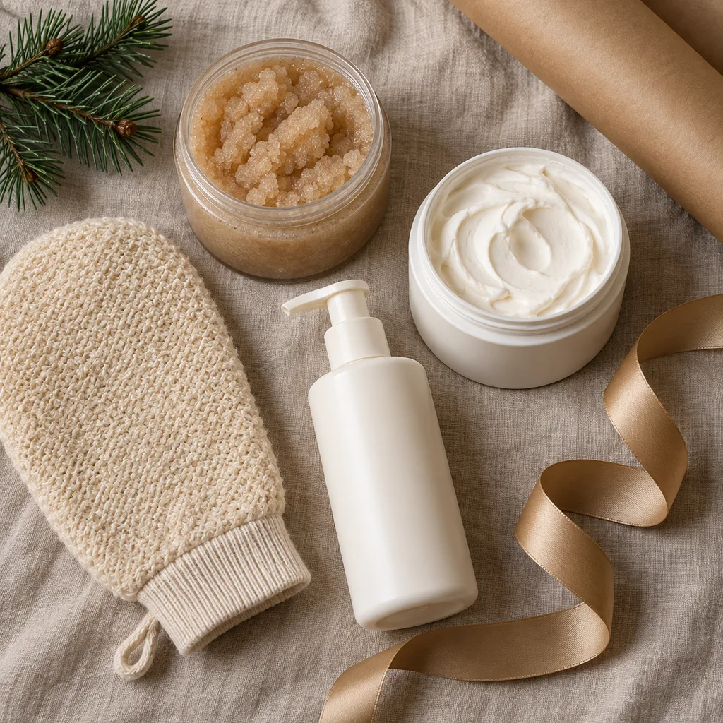 Representative photo-style image of body exfoliation and hydration kit — generated, not a specific product