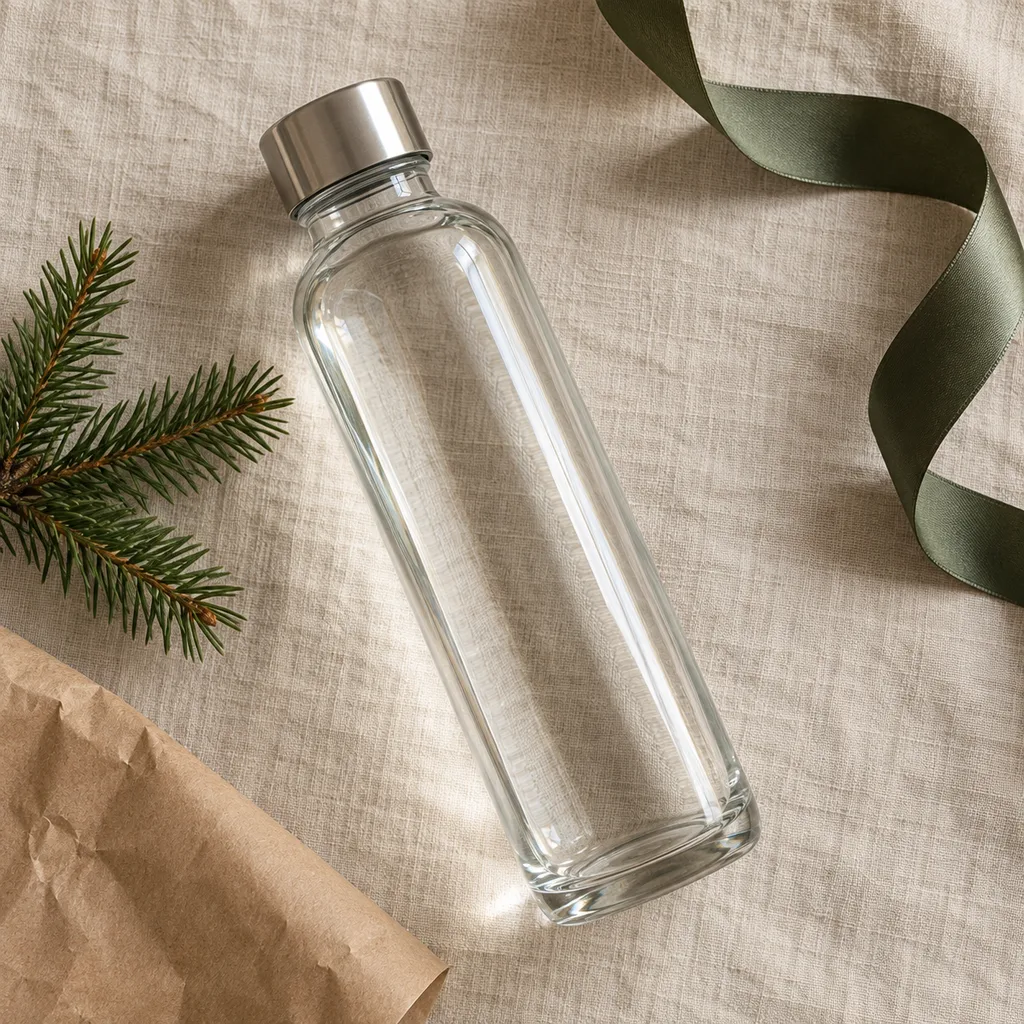 Representative photo-style image of borosilicate glass water bottle — generated, not a specific product