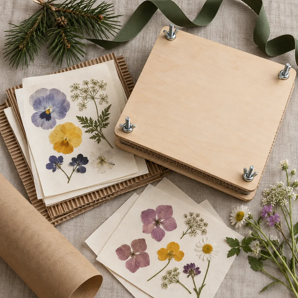 Representative photo-style image of botanical flower press kit — generated, not a specific product