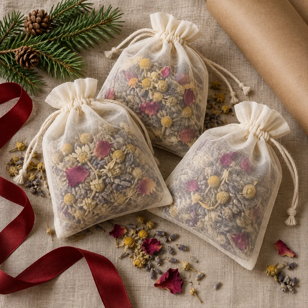Representative photo-style image of botanical infusion bath tea bags — generated, not a specific product
