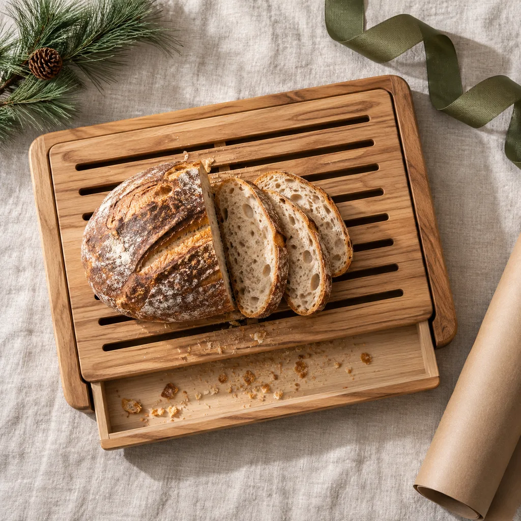 Representative photo-style image of bread board with crumb tray — generated, not a specific product