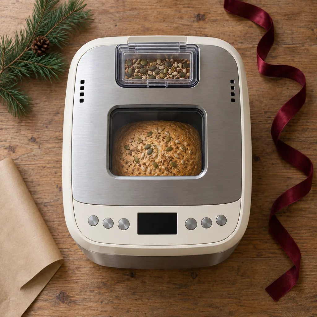 Representative photo-style image of bread machine with auto dispenser — generated, not a specific product
