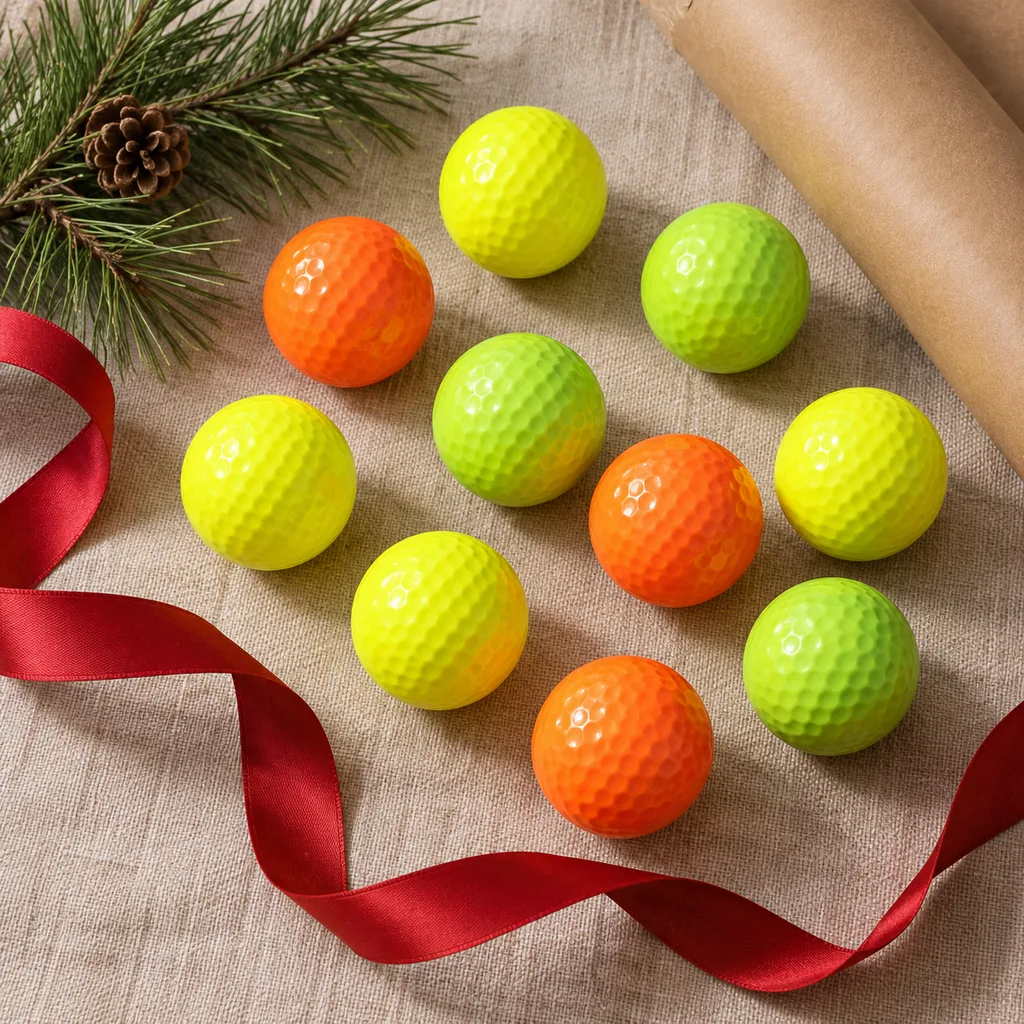 Representative photo-style image of bright visibility golf balls — generated, not a specific product