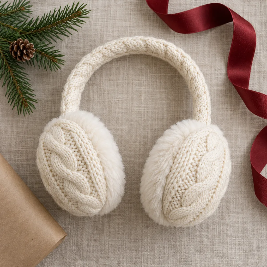 Representative photo-style image of cable knit headband earmuffs — generated, not a specific product