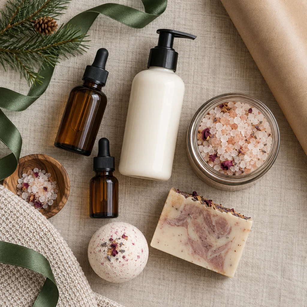 Representative photo-style image of calming aromatherapy essentials collection — generated, not a specific product