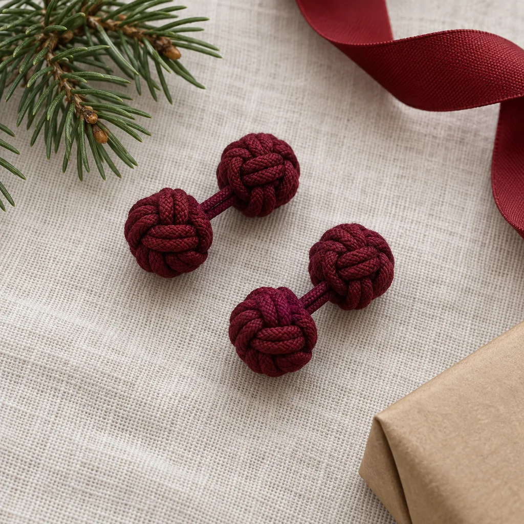 Representative photo-style image of casual fabric knot cufflinks — generated, not a specific product