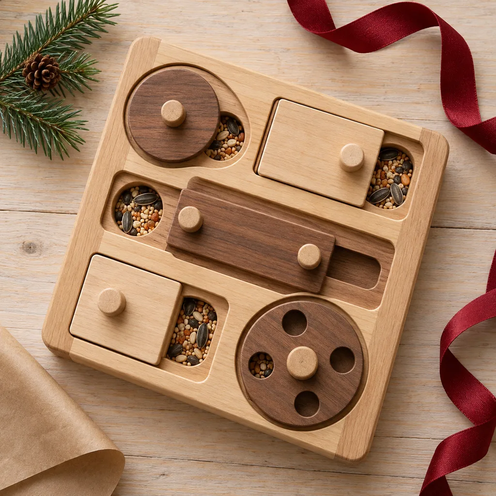 Representative photo-style image of challenging bird puzzle feeder — generated, not a specific product