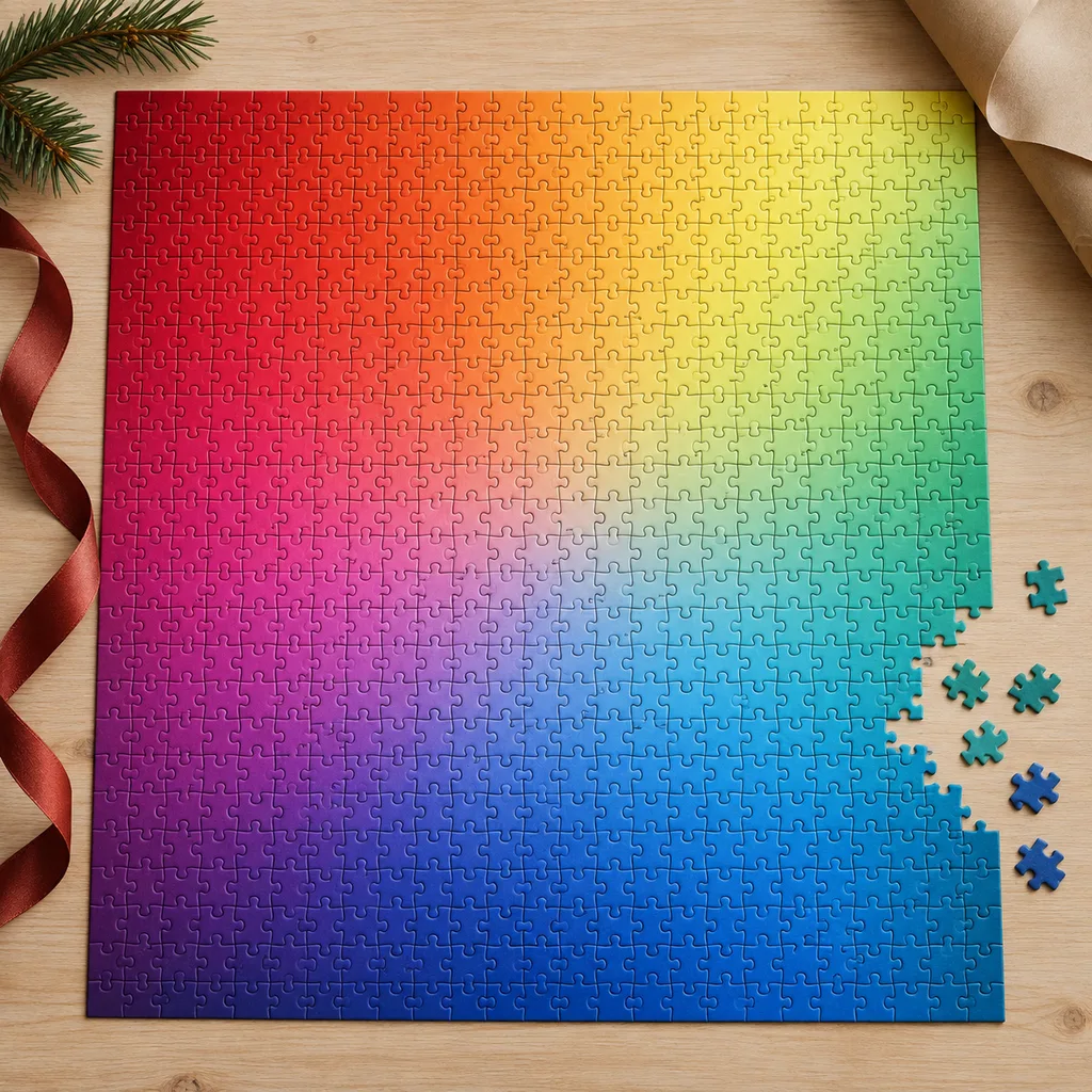 Representative photo-style image of challenging gradient color jigsaw puzzle — generated, not a specific product