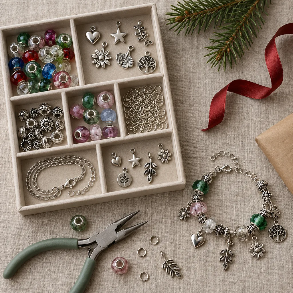 Representative photo-style image of charm bracelet crafting kit — generated, not a specific product