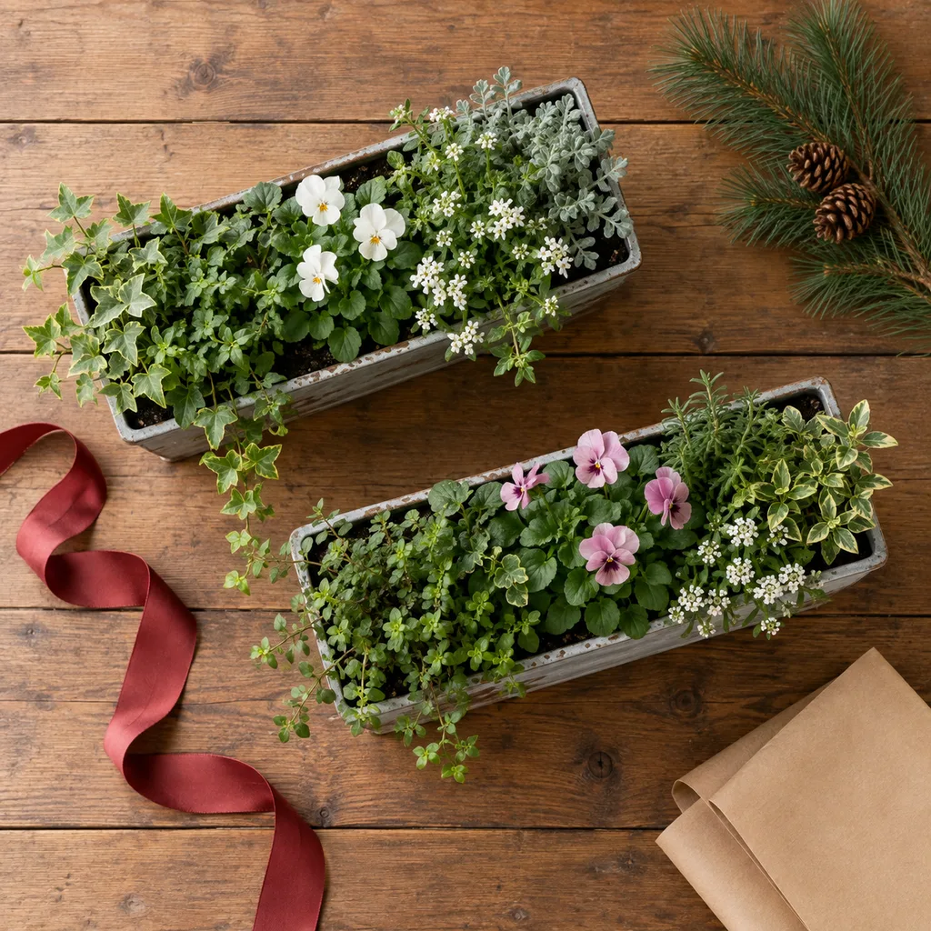 Representative photo-style image of charming window box planters — generated, not a specific product