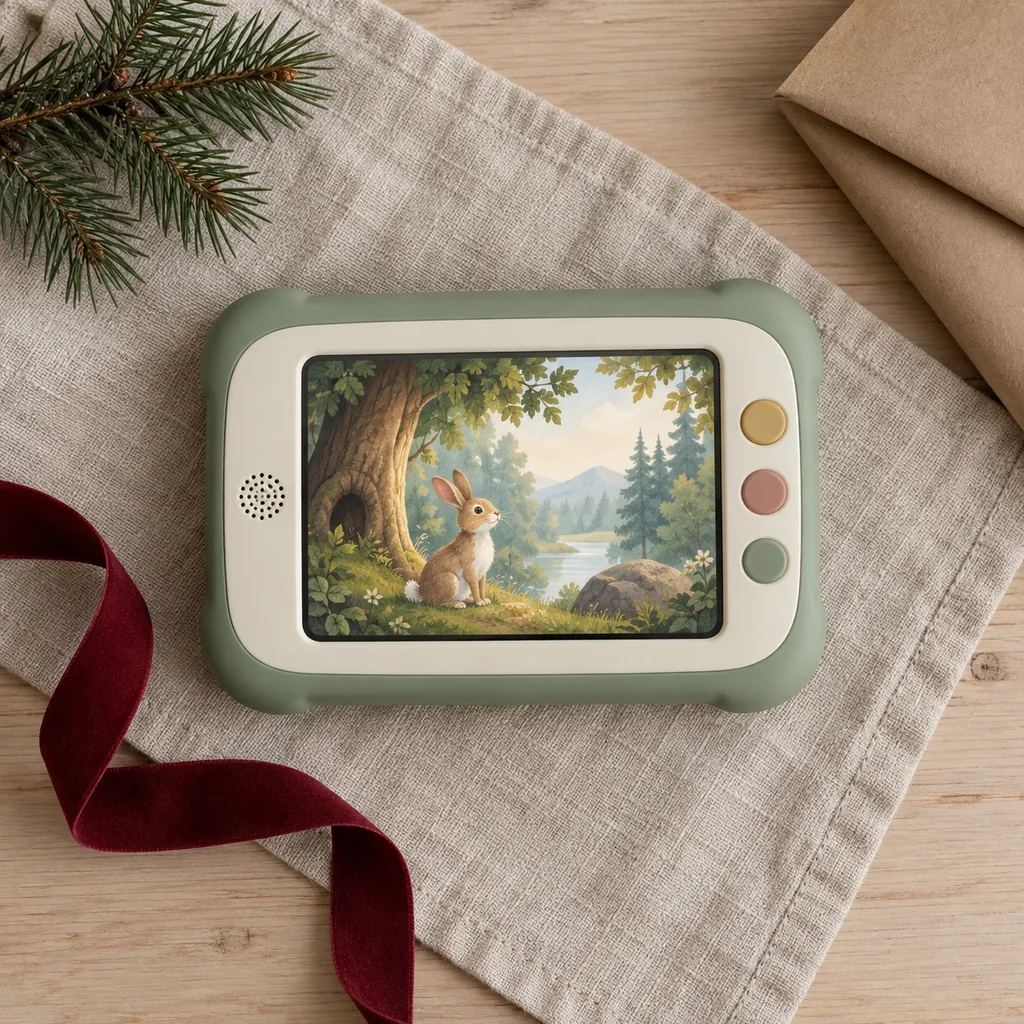 Representative photo-style image of child-friendly digital reading device — generated, not a specific product