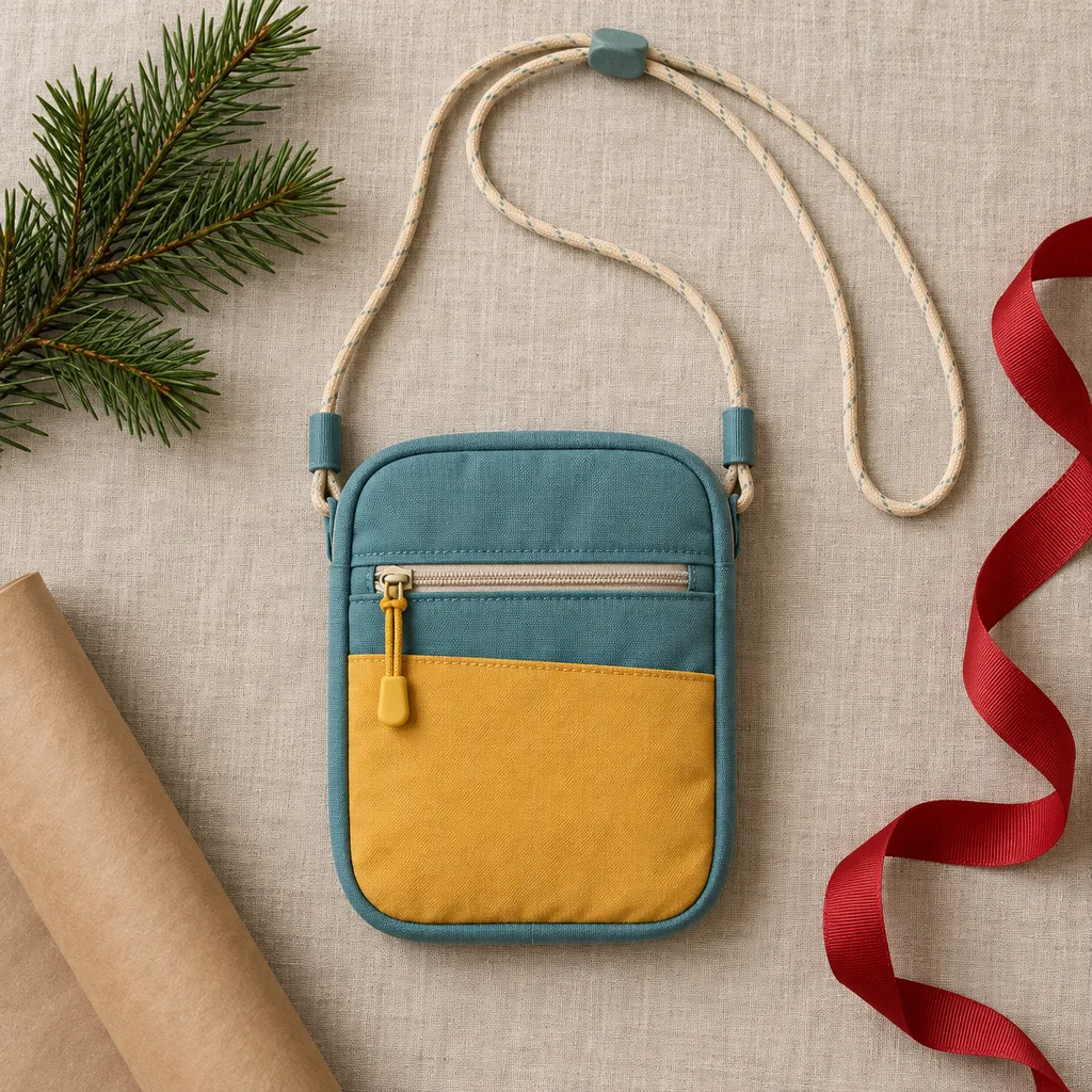Representative photo-style image of child-friendly travel neck pouch — generated, not a specific product