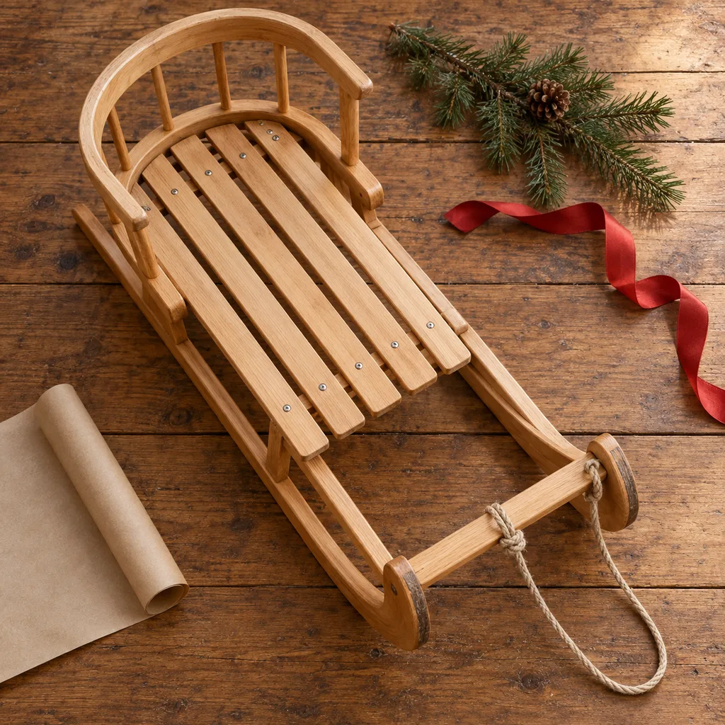 Representative photo-style image of child's sled with backrest — generated, not a specific product