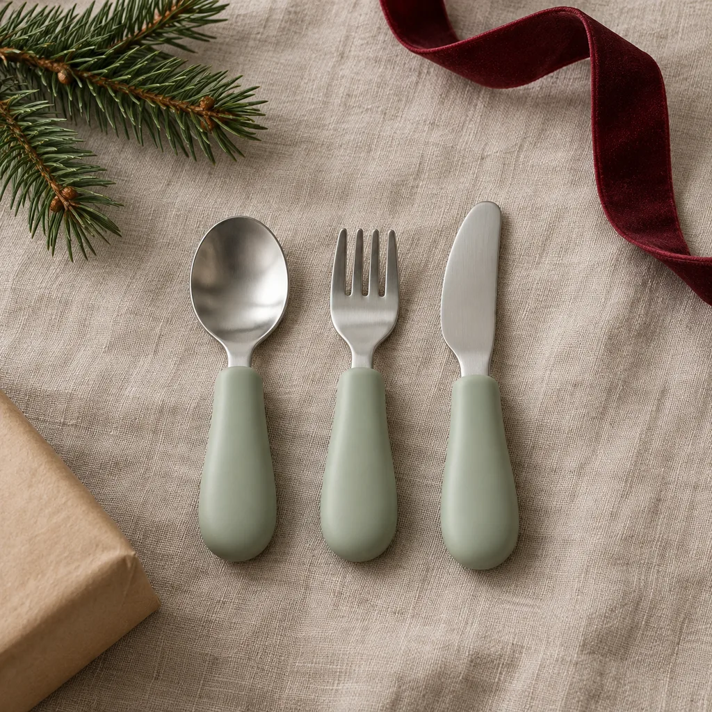 Representative photo-style image of children's first flatware set — generated, not a specific product