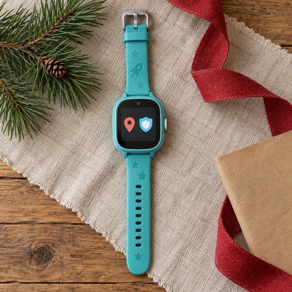 Representative photo-style image of children's smart watch with safety features — generated, not a specific product