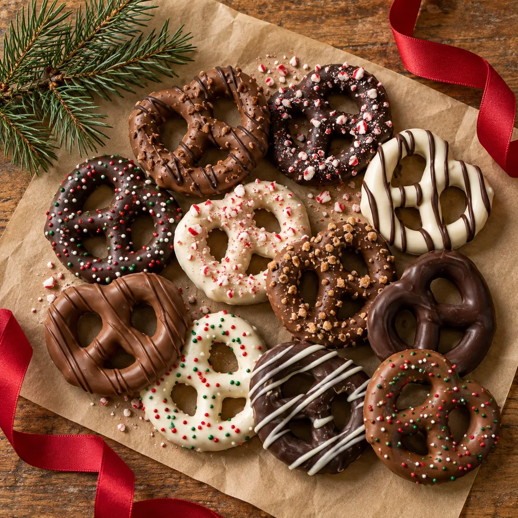 Representative photo-style image of chocolate covered pretzel variety pack — generated, not a specific product