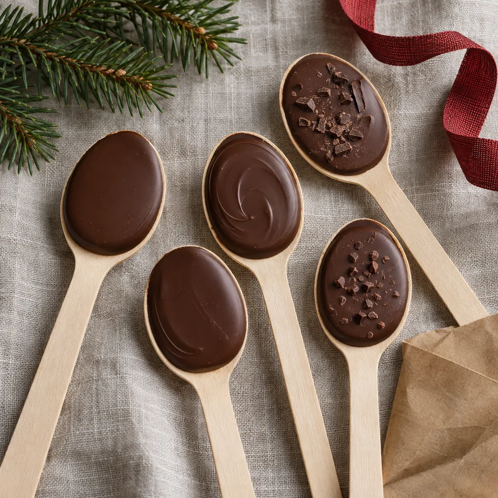Representative photo-style image of chocolate stirring spoons for hot milk — generated, not a specific product
