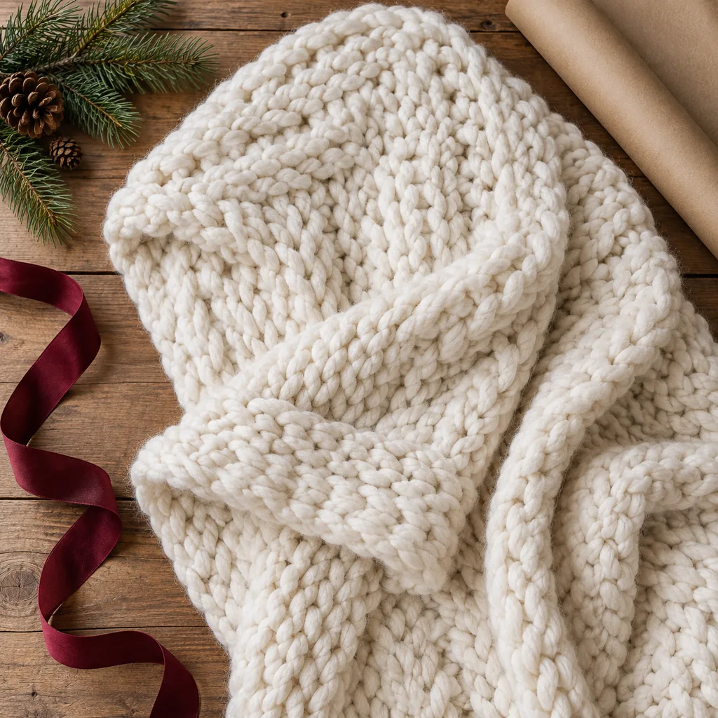 Representative photo-style image of chunky knit throw blanket — generated, not a specific product