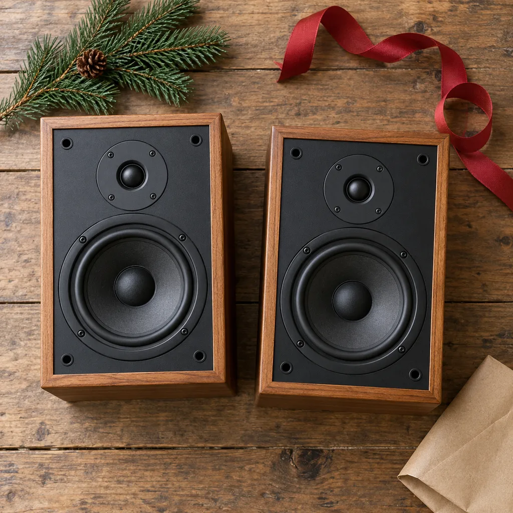 Representative photo-style image of classic bookshelf audio speakers — generated, not a specific product