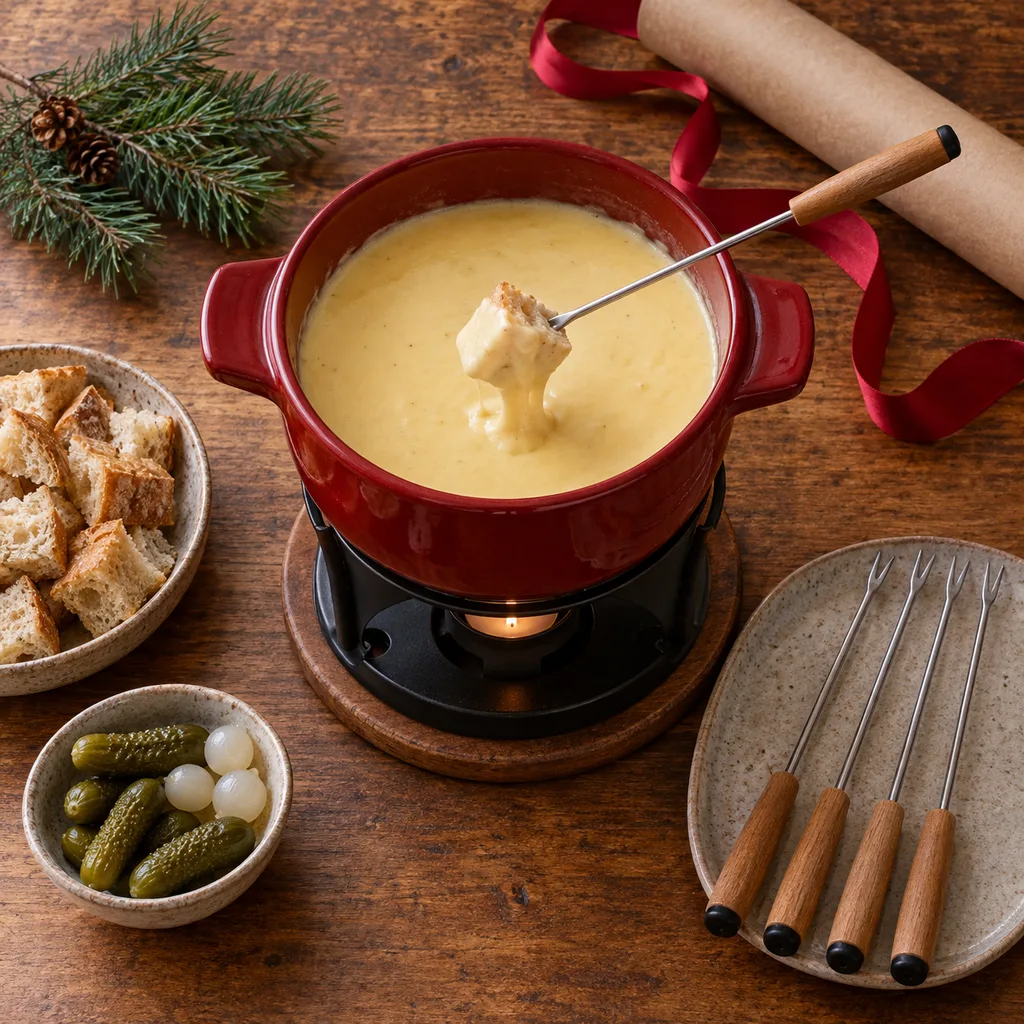 Representative photo-style image of classic ceramic cheese fondue set — generated, not a specific product