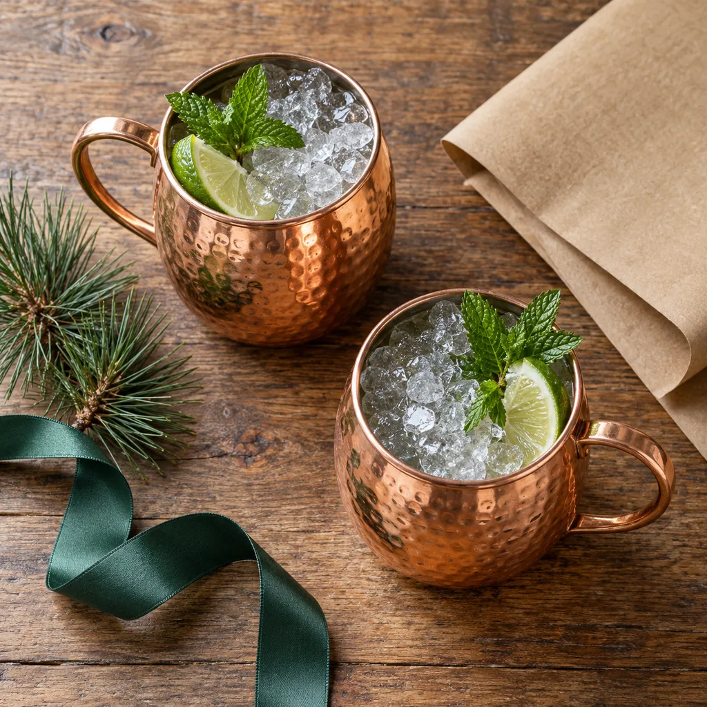 Representative photo-style image of classic copper moscow mule mugs — generated, not a specific product
