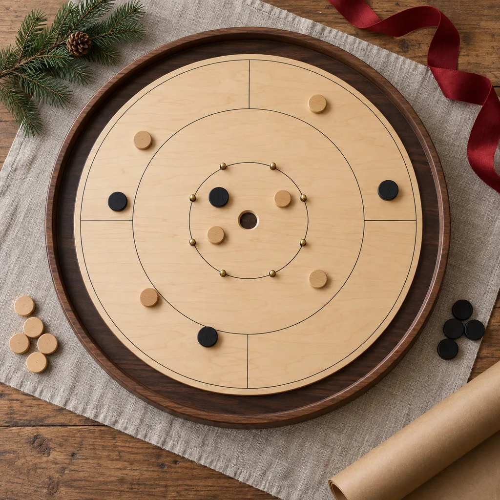 Representative photo-style image of classic crokinole board game set — generated, not a specific product