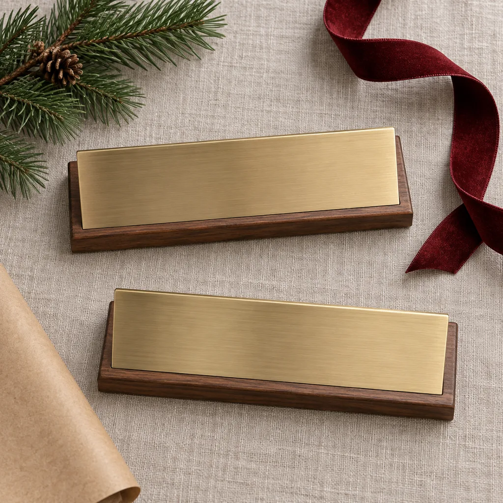 Representative photo-style image of desk name plates — generated, not a specific product