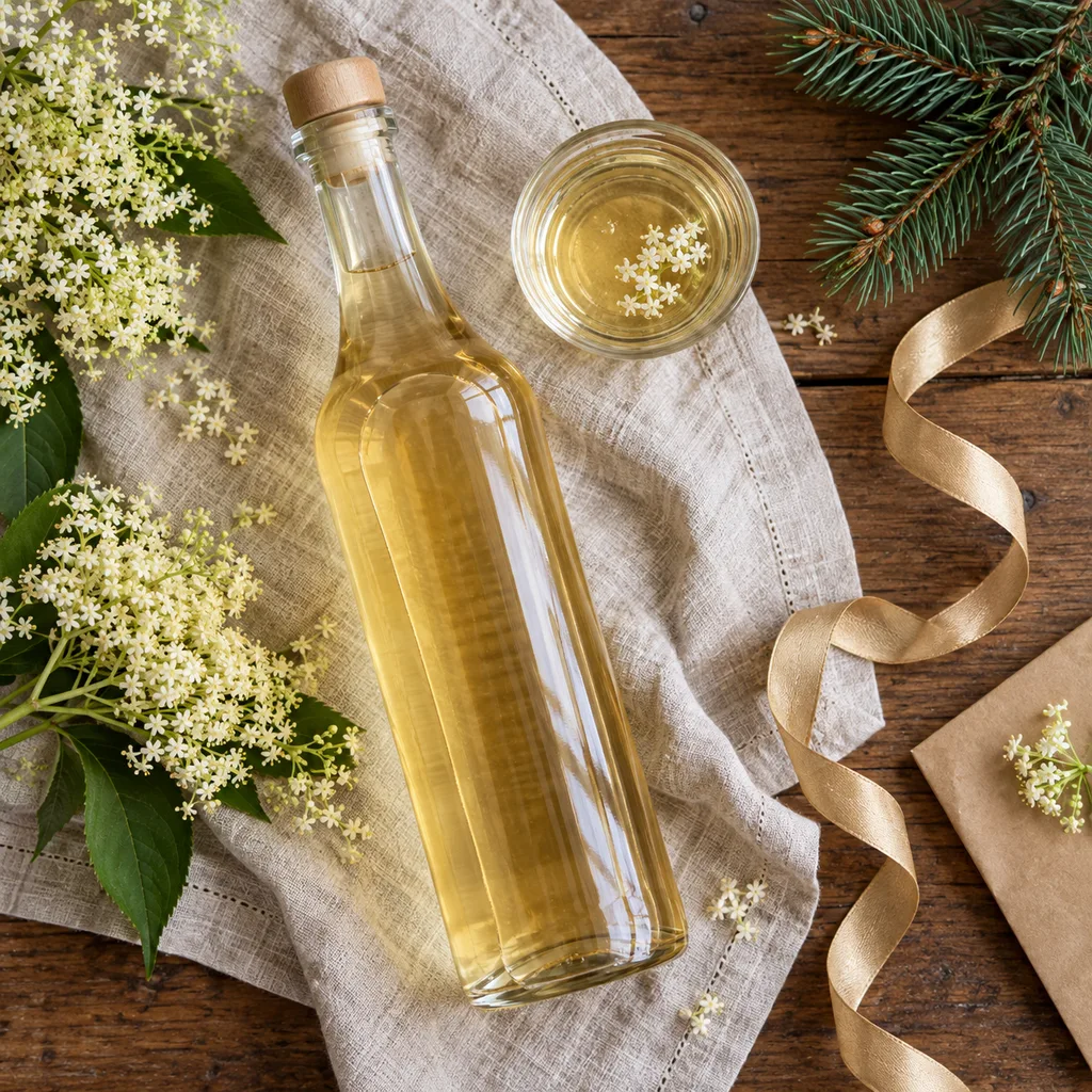 Representative photo-style image of classic elderflower cordial — generated, not a specific product