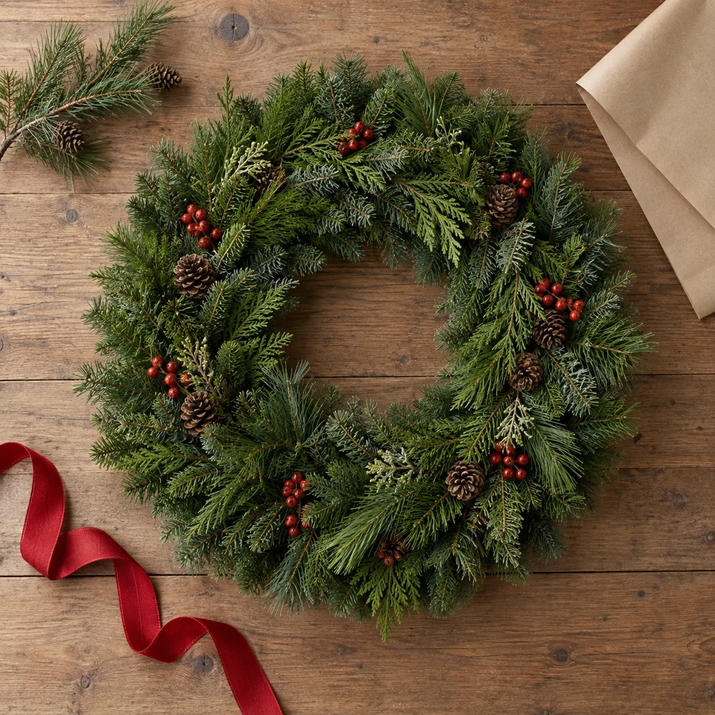 Representative photo-style image of classic evergreen christmas wreath — generated, not a specific product